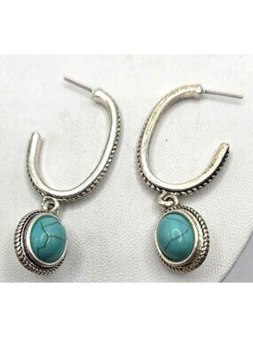 Monet  Silver Tone Hoop Earrings With Turquoise Colored  Stone & Textured Detail
